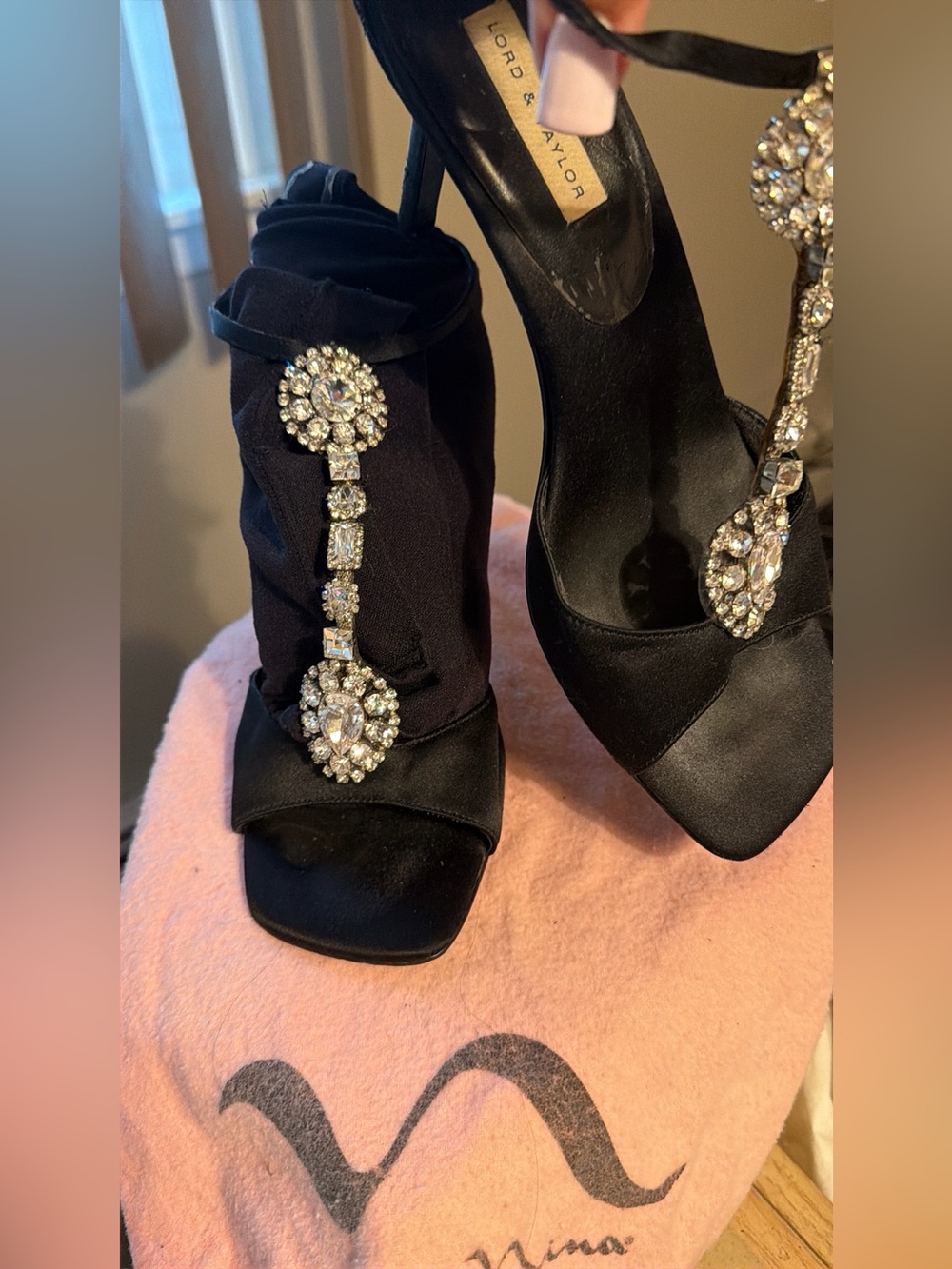 Black Satin T-Strap Crystal Embellished Heels